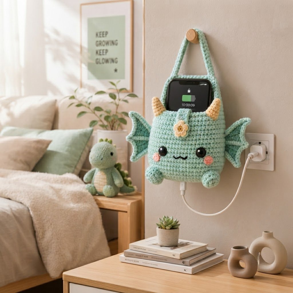Handmade Crochet Green Dragon Hanging Phone Holder