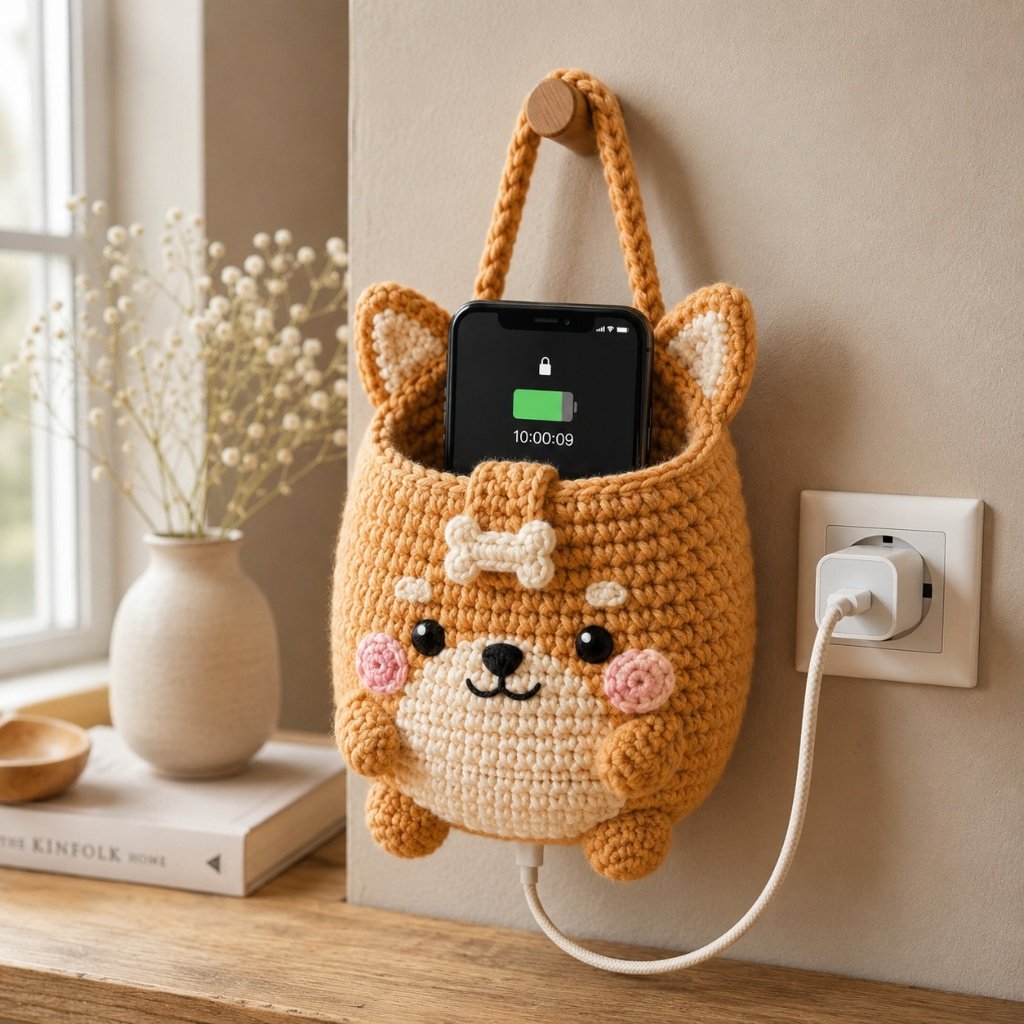 Handmade Crochet Corgi Hanging Phone Holder