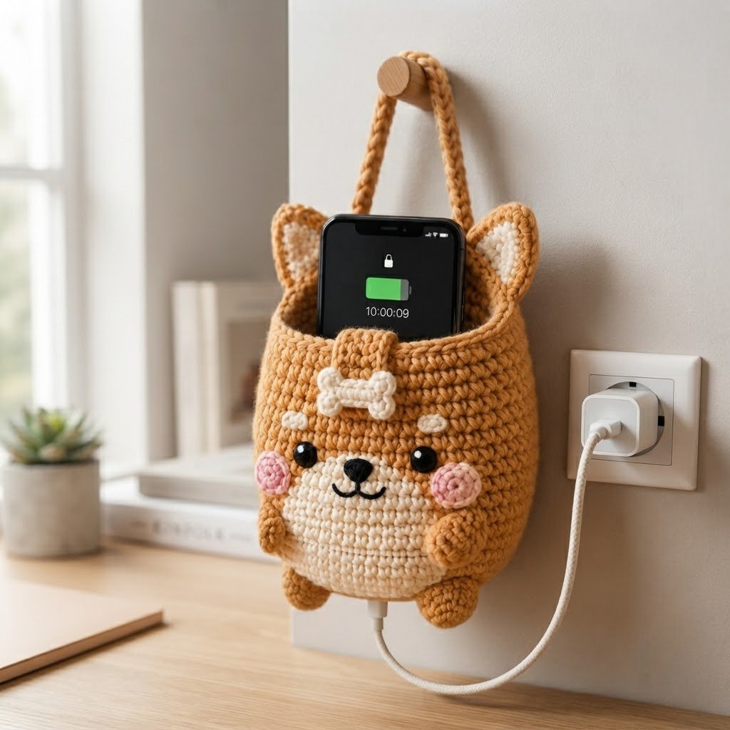 Handmade Crochet Corgi Hanging Phone Holder