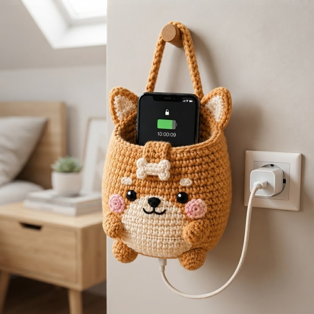 Handmade Crochet Corgi Hanging Phone Holder