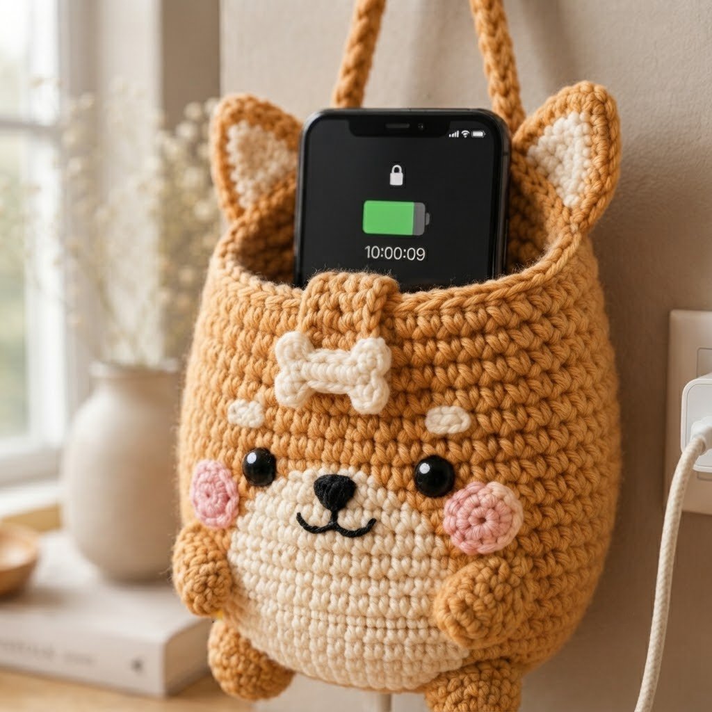 Handmade Crochet Corgi Hanging Phone Holder