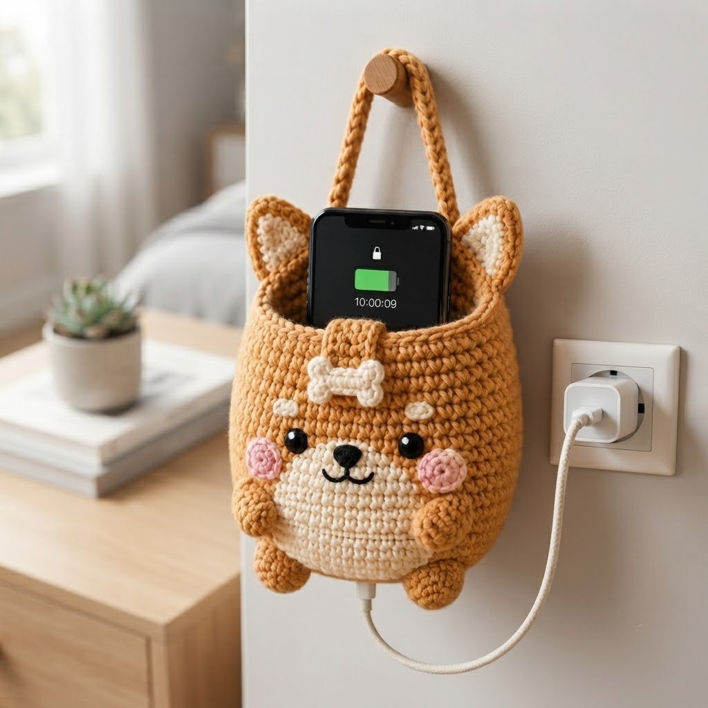 Handmade Crochet Corgi Hanging Phone Holder