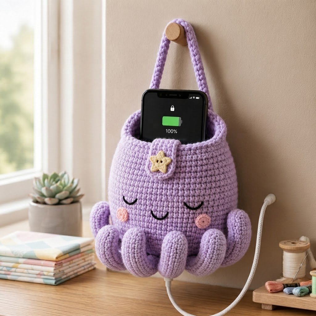 Handmade Crochet Purple Octopus Hanging Phone Holder