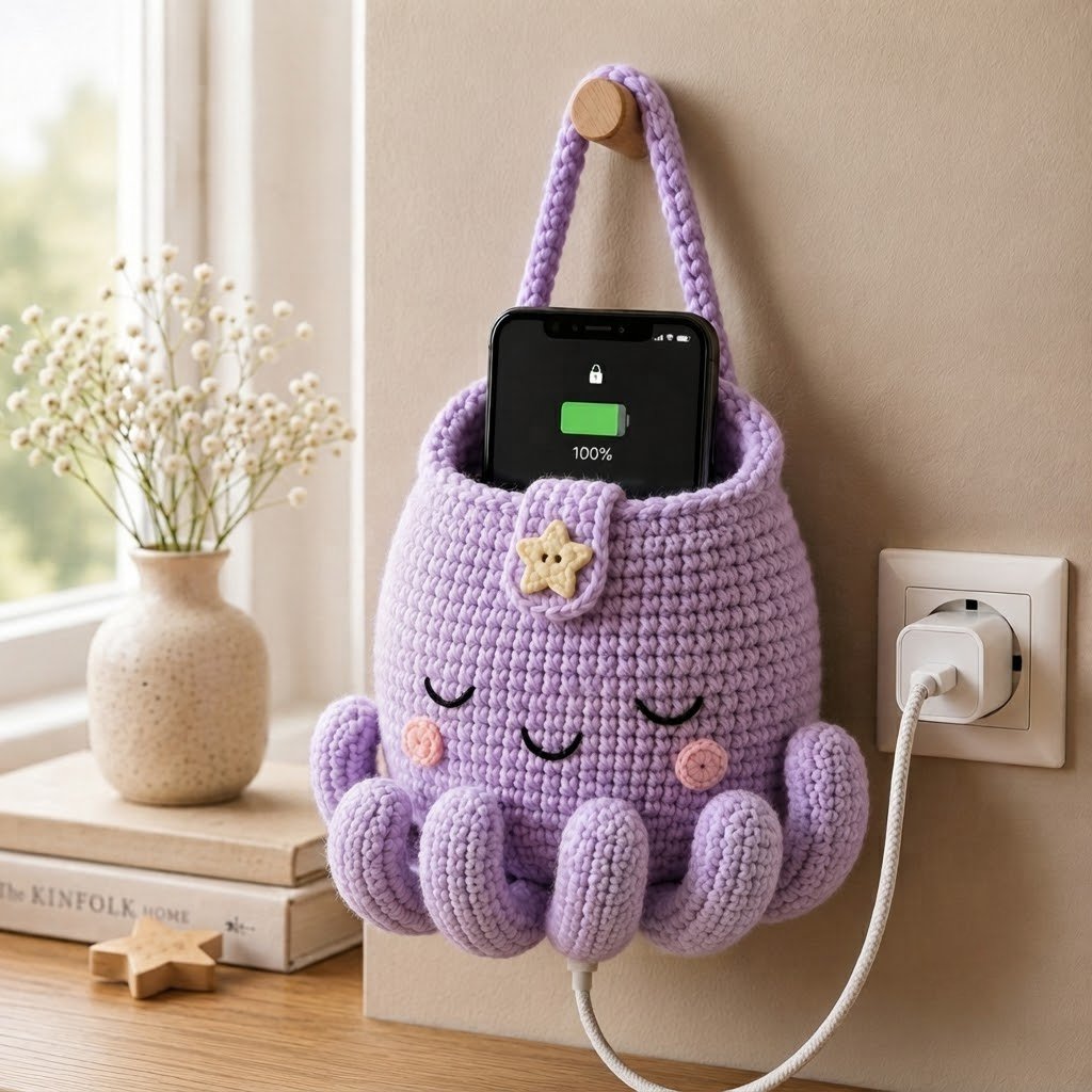 Handmade Crochet Purple Octopus Hanging Phone Holder
