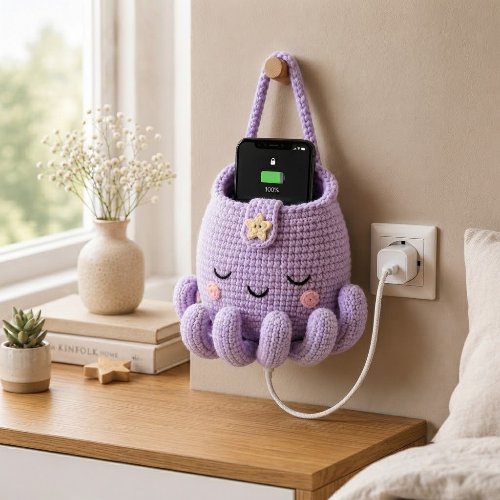 Handmade Crochet Purple Octopus Hanging Phone Holder