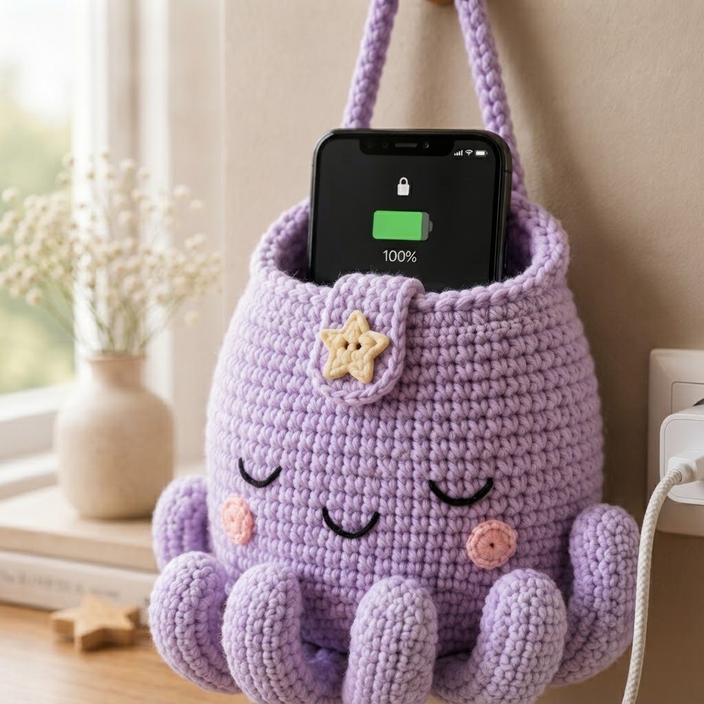 Handmade Crochet Purple Octopus Hanging Phone Holder