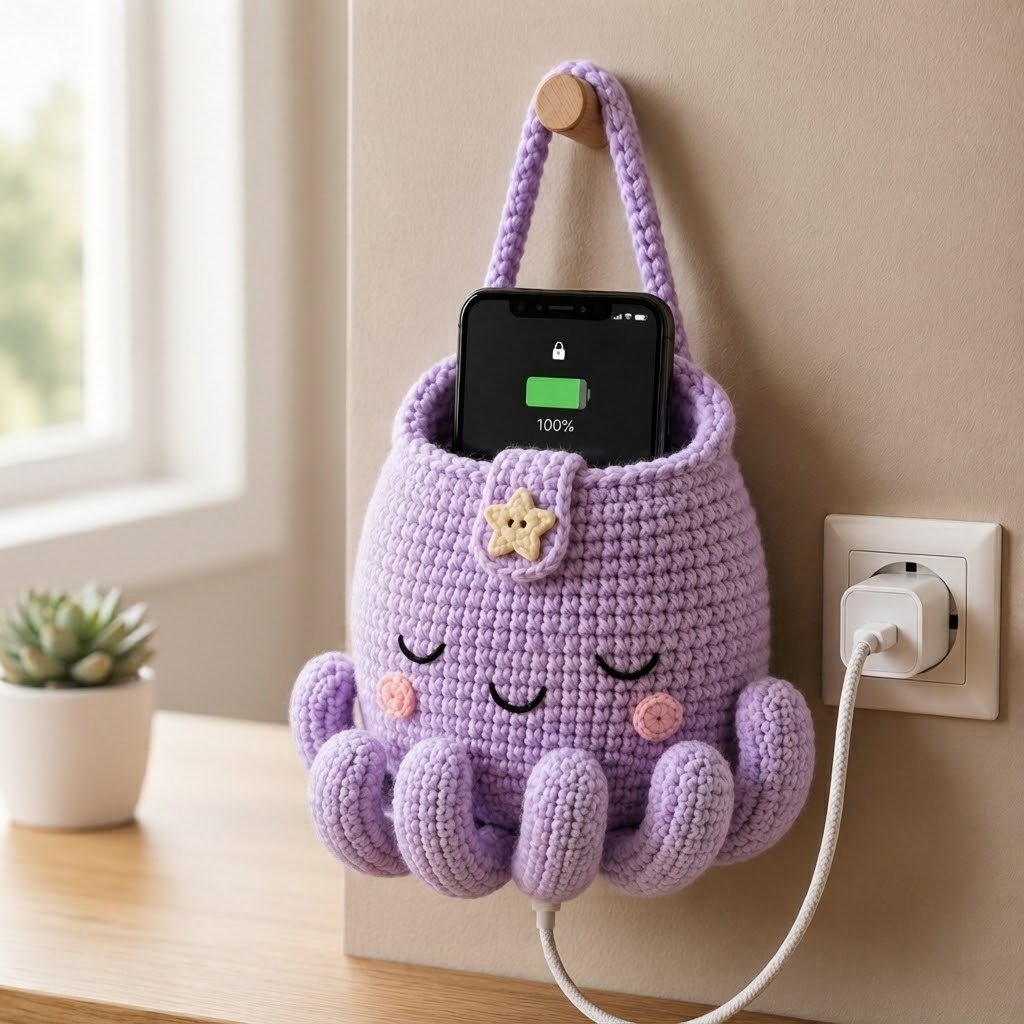 Handmade Crochet Purple Octopus Hanging Phone Holder