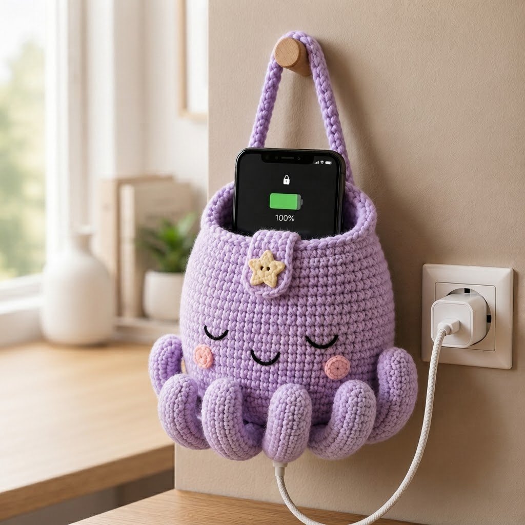 Handmade Crochet Purple Octopus Hanging Phone Holder