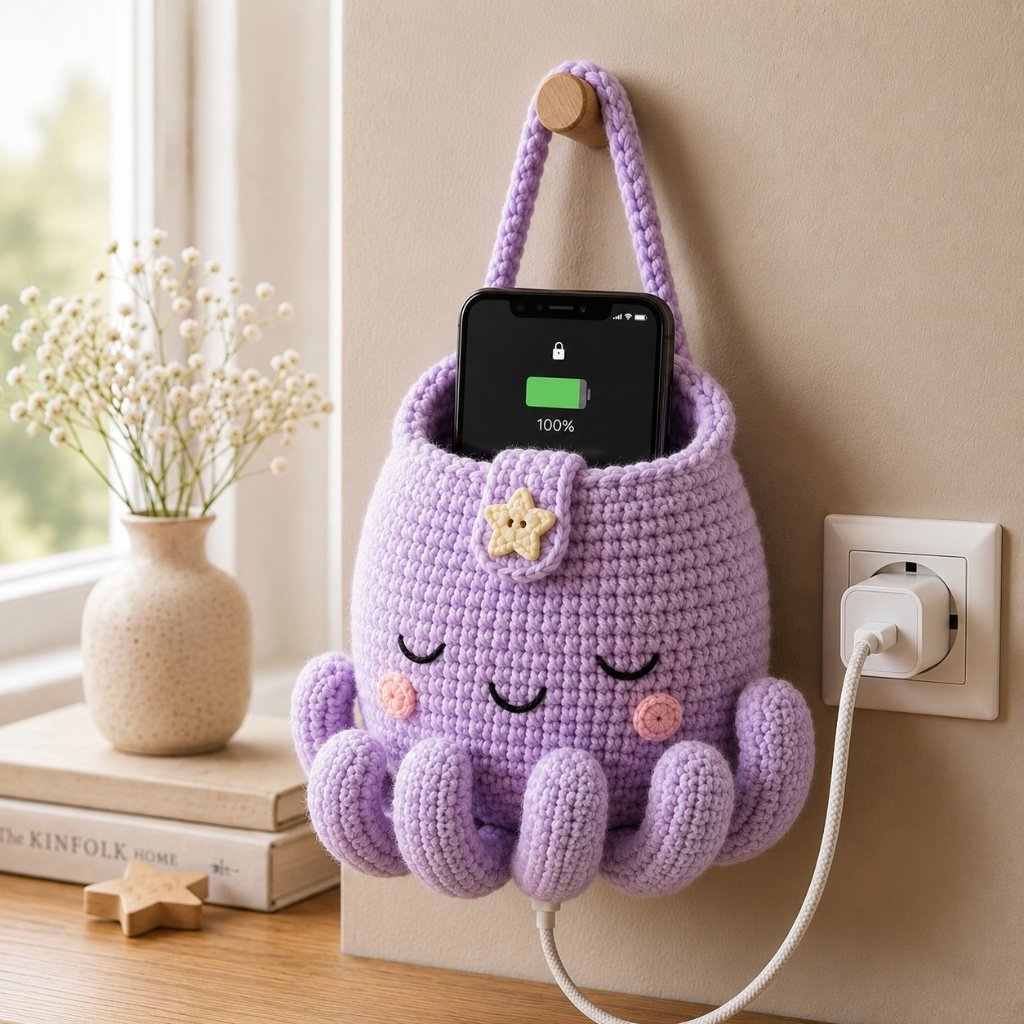 Handmade Crochet Purple Octopus Hanging Phone Holder