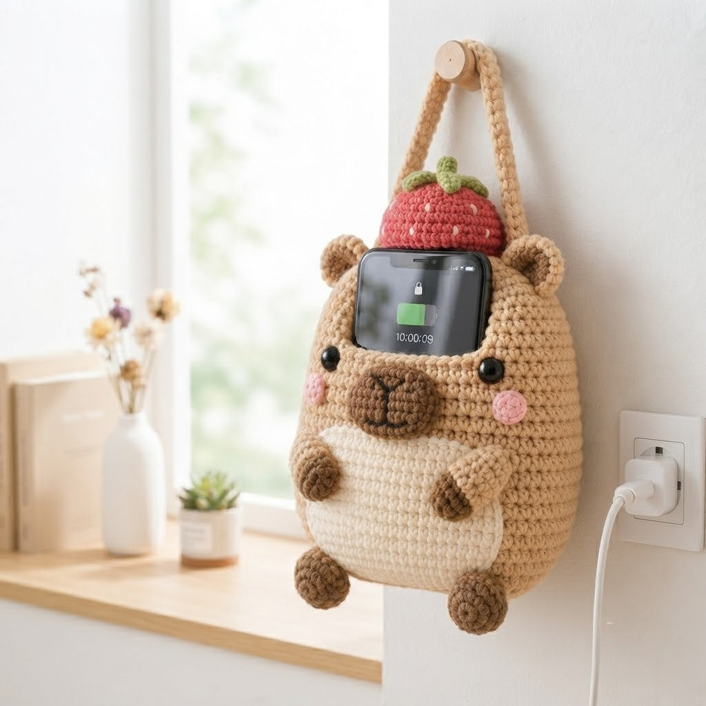 Handmade Crochet Capybara Hanging Phone Holder with Strawberry Hat