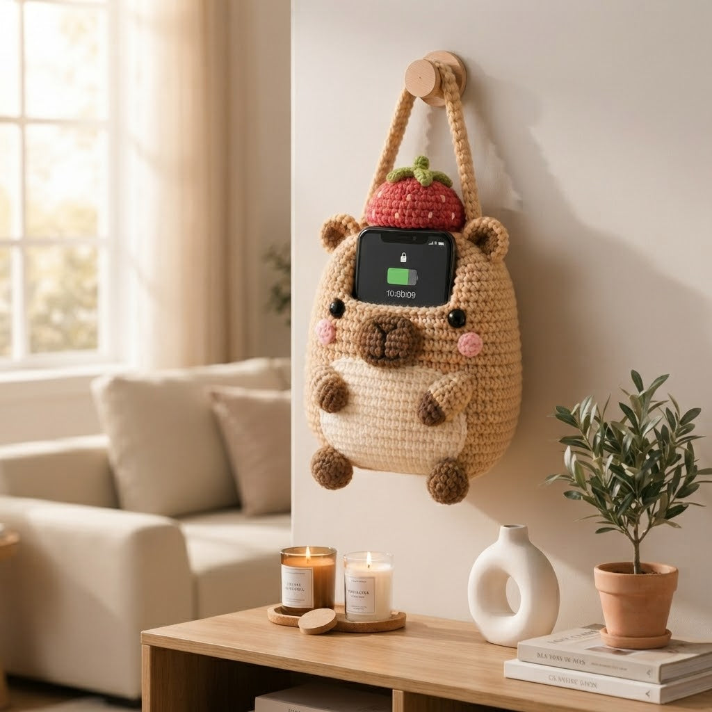 Handmade Crochet Capybara Hanging Phone Holder with Strawberry Hat