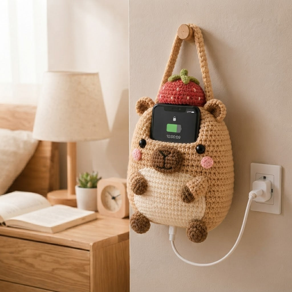 Handmade Crochet Capybara Hanging Phone Holder with Strawberry Hat