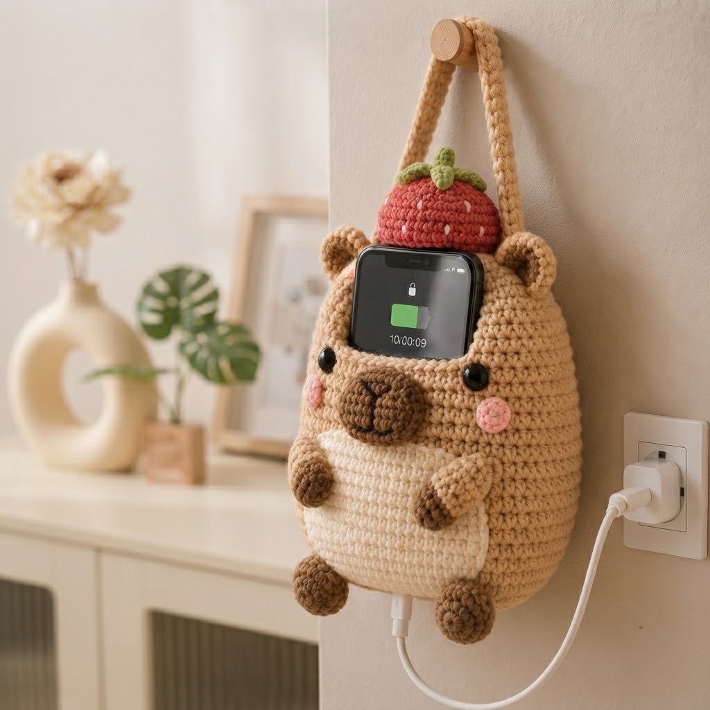 Handmade Crochet Capybara Hanging Phone Holder with Strawberry Hat