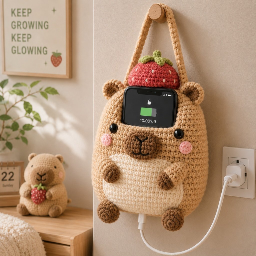 Handmade Crochet Capybara Hanging Phone Holder with Strawberry Hat