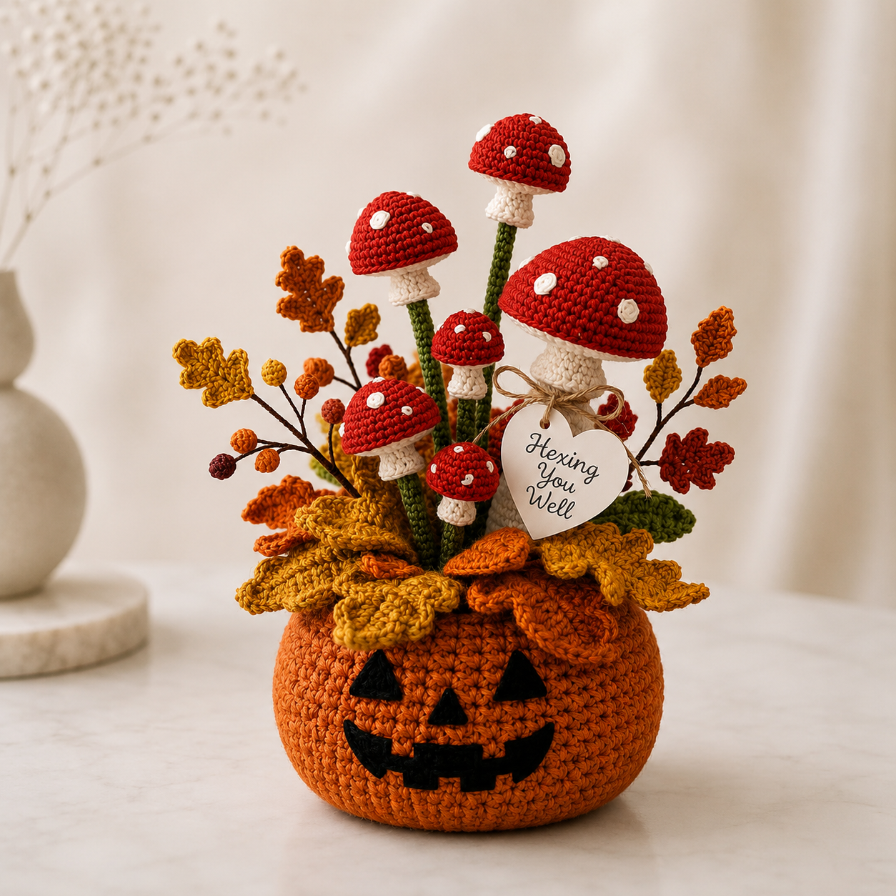 Handmade Crochet Pumpkin and Mushroom Autumn Decor Pot