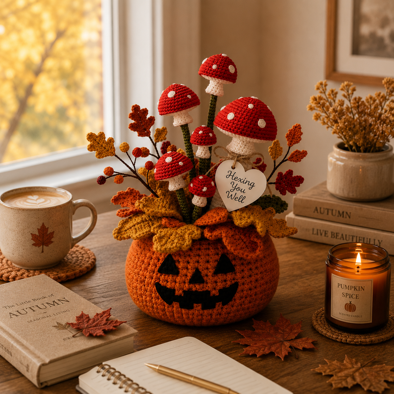 Handmade Crochet Pumpkin and Mushroom Autumn Decor Pot