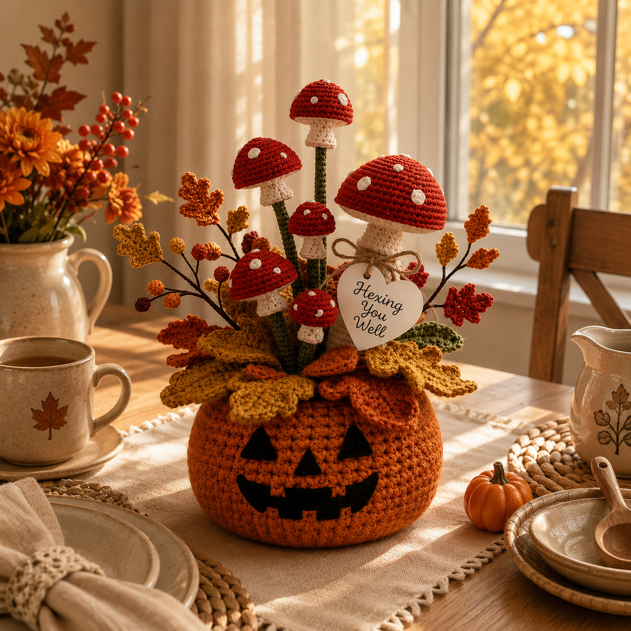 Handmade Crochet Pumpkin and Mushroom Autumn Decor Pot