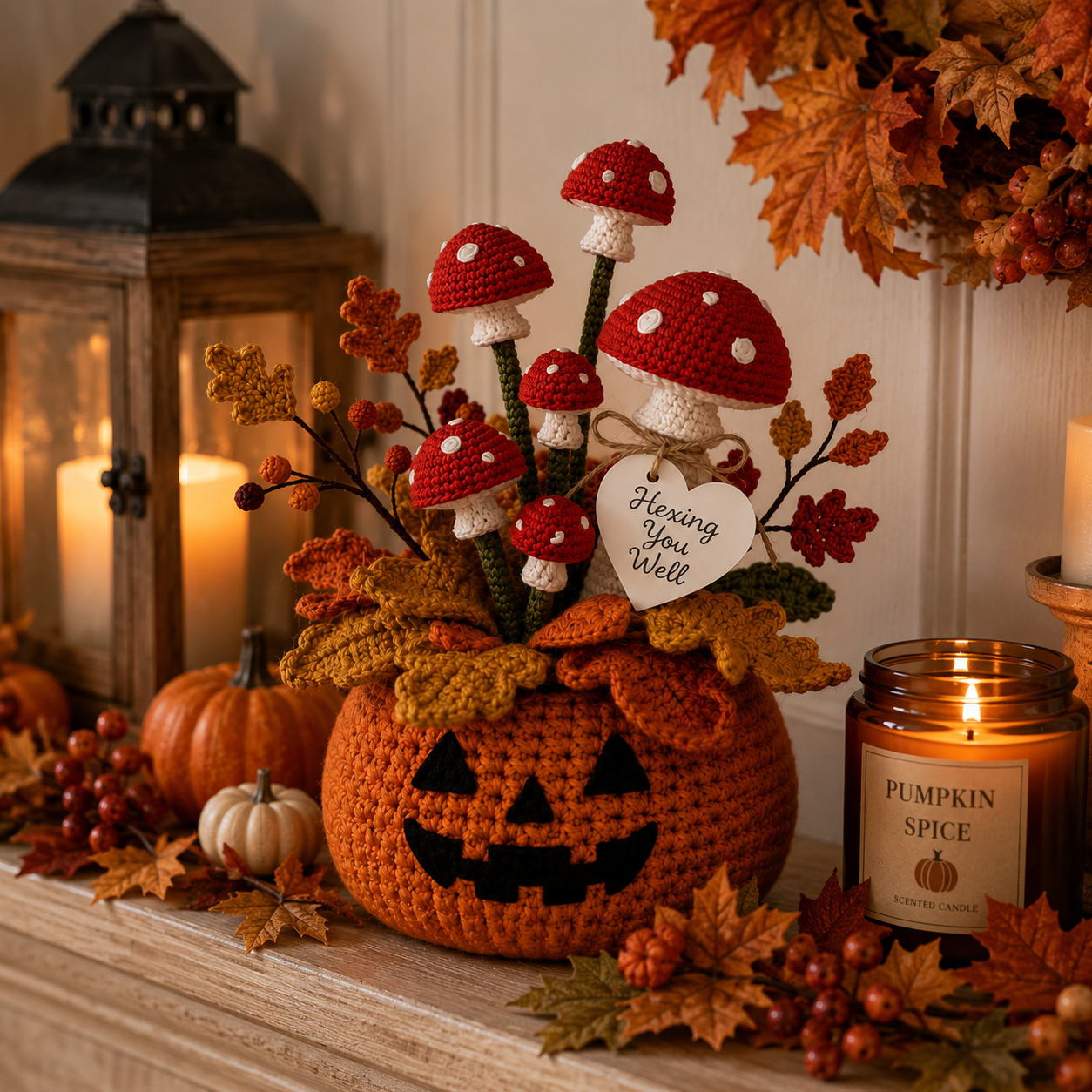 Handmade Crochet Pumpkin and Mushroom Autumn Decor Pot