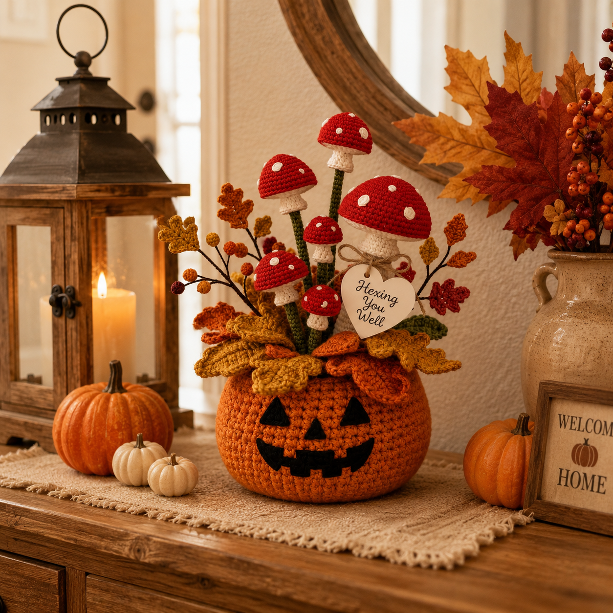 Handmade Crochet Pumpkin and Mushroom Autumn Decor Pot