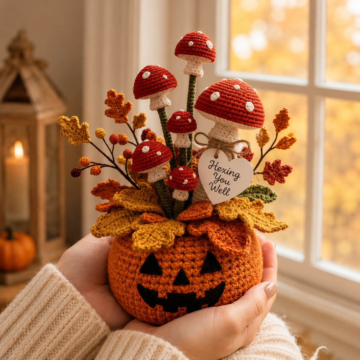 Handmade Crochet Pumpkin and Mushroom Autumn Decor Pot