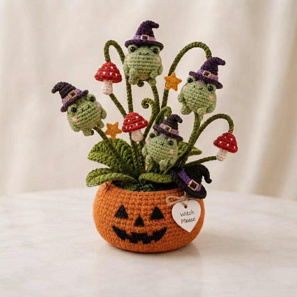 Handmade Crochet Witch Frogs in Pumpkin Halloween Decor Pot