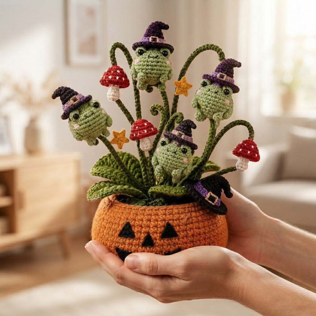 Handmade Crochet Witch Frogs in Pumpkin Halloween Decor Pot