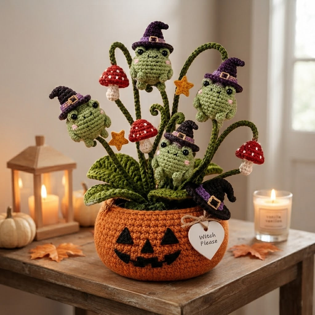 Handmade Crochet Witch Frogs in Pumpkin Halloween Decor Pot