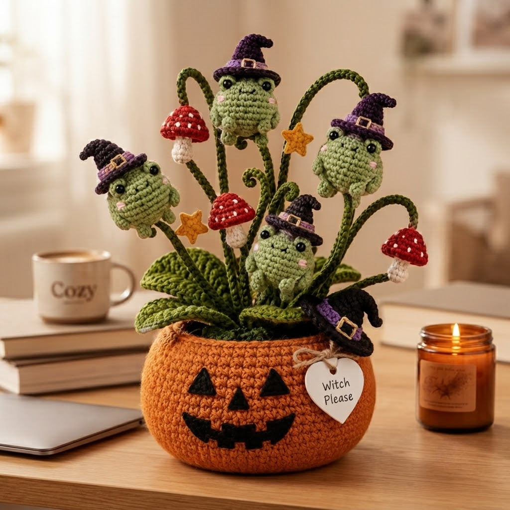 Handmade Crochet Witch Frogs in Pumpkin Halloween Decor Pot