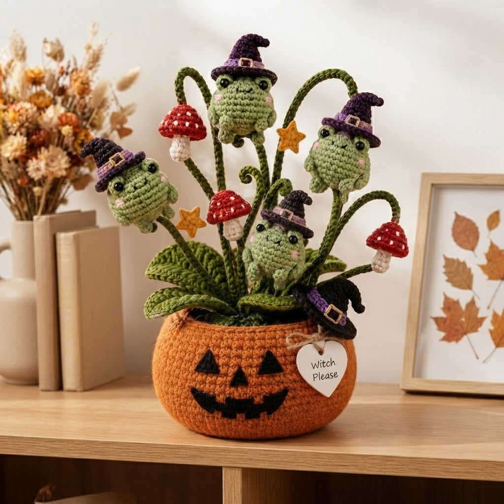 Handmade Crochet Witch Frogs in Pumpkin Halloween Decor Pot