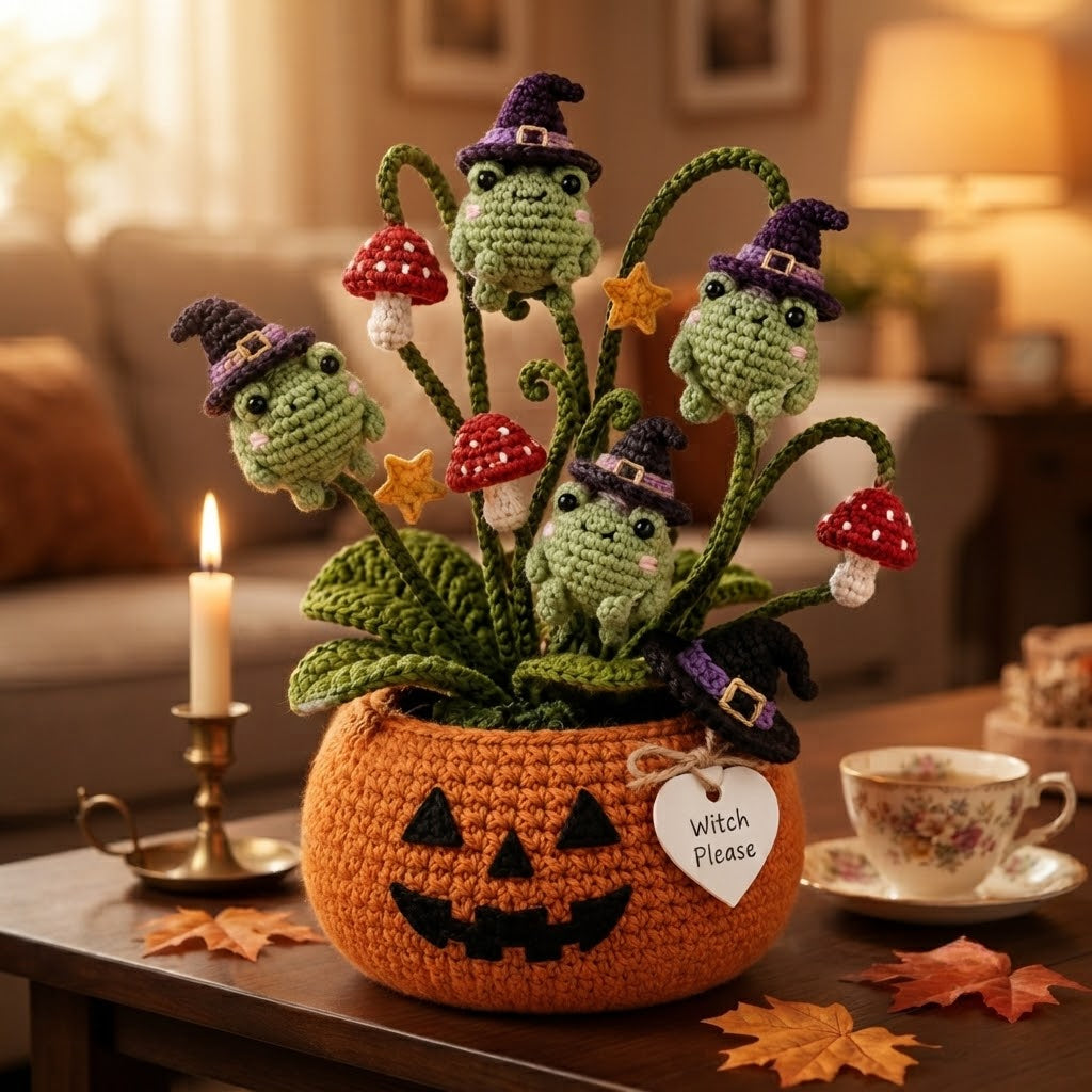 Handmade Crochet Witch Frogs in Pumpkin Halloween Decor Pot