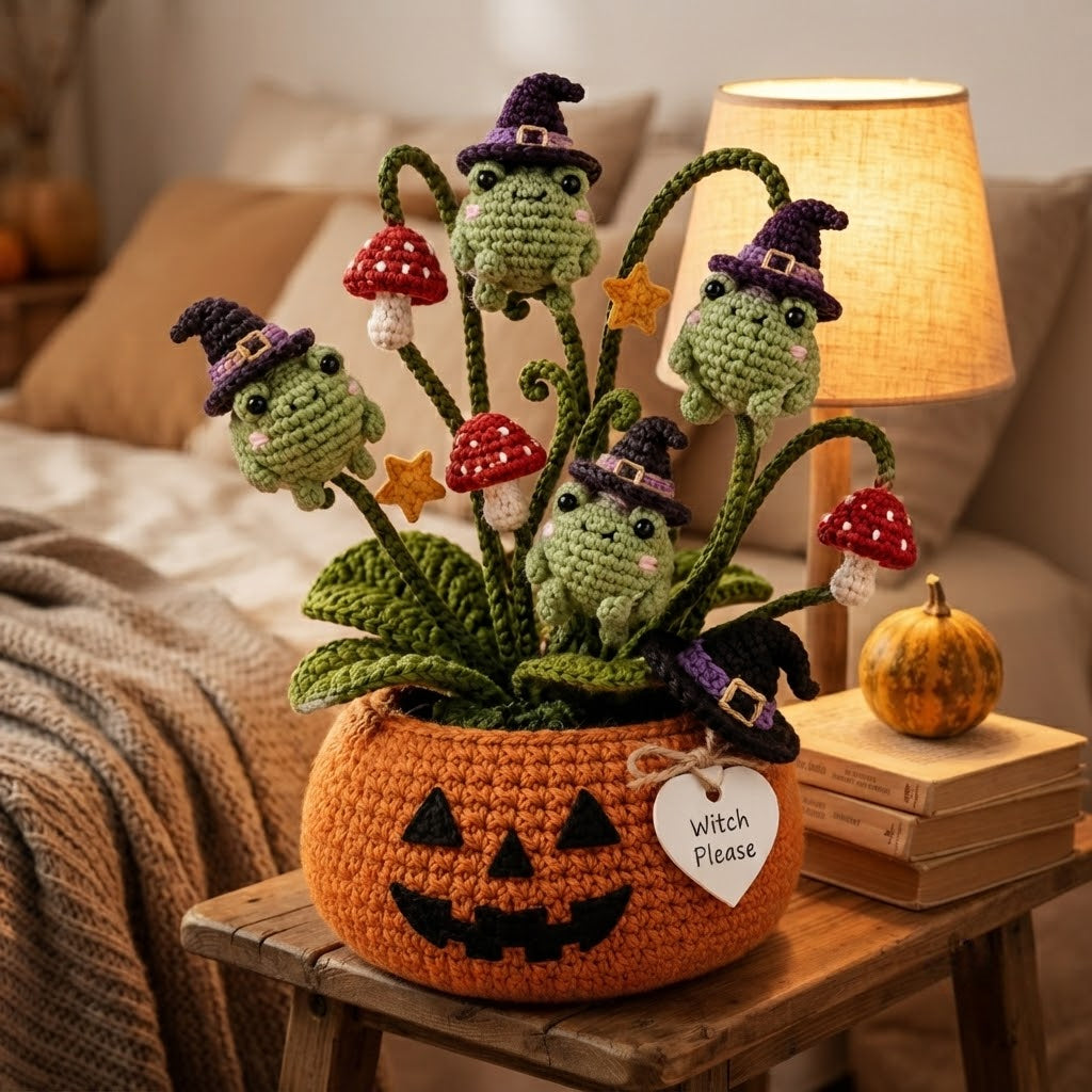 Handmade Crochet Witch Frogs in Pumpkin Halloween Decor Pot