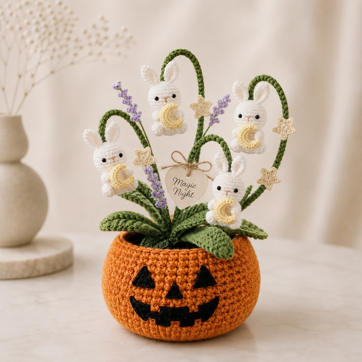 Handmade Crochet Moon Bunnies in Pumpkin Autumn Decor Pot