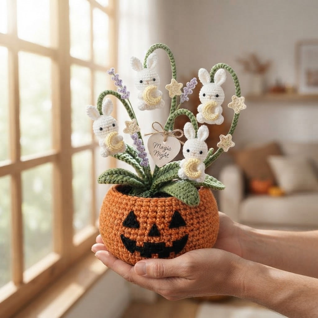 Handmade Crochet Moon Bunnies in Pumpkin Autumn Decor Pot
