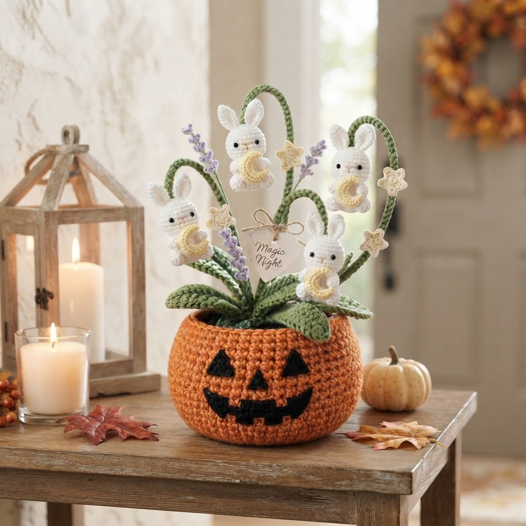 Handmade Crochet Moon Bunnies in Pumpkin Autumn Decor Pot