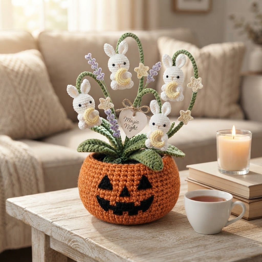 Handmade Crochet Moon Bunnies in Pumpkin Autumn Decor Pot