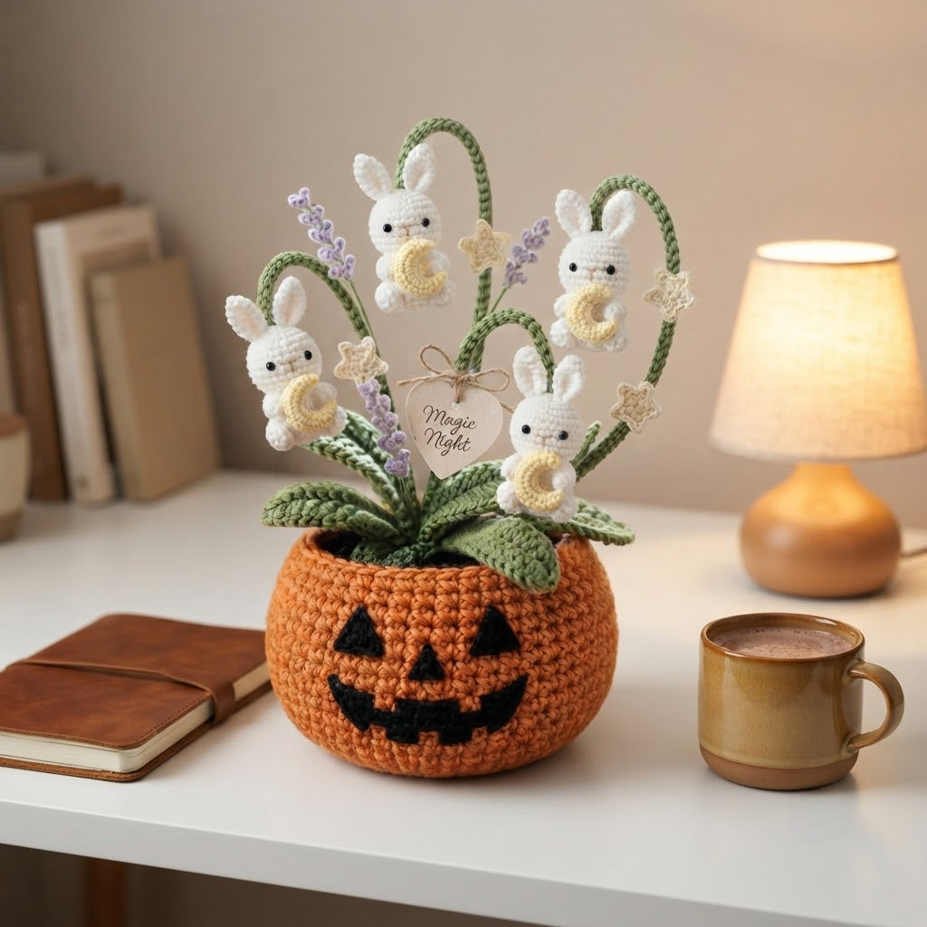 Handmade Crochet Moon Bunnies in Pumpkin Autumn Decor Pot