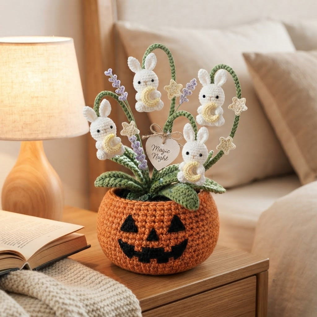 Handmade Crochet Moon Bunnies in Pumpkin Autumn Decor Pot
