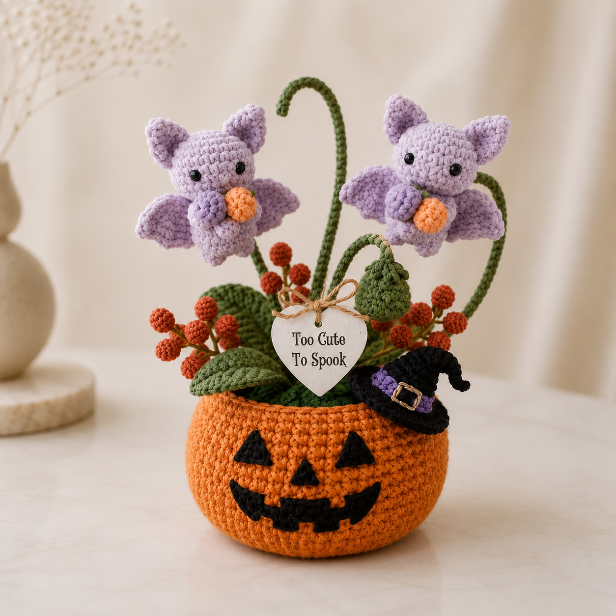Handmade Crochet Little Bats in Pumpkin Halloween Decor Pot
