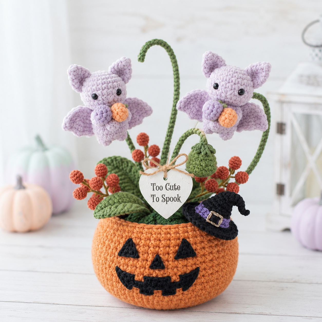 Handmade Crochet Little Bats in Pumpkin Halloween Decor Pot