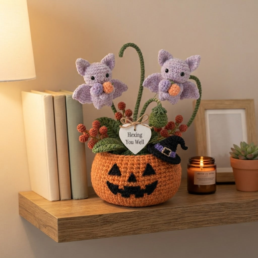 Handmade Crochet Little Bats in Pumpkin Halloween Decor Pot