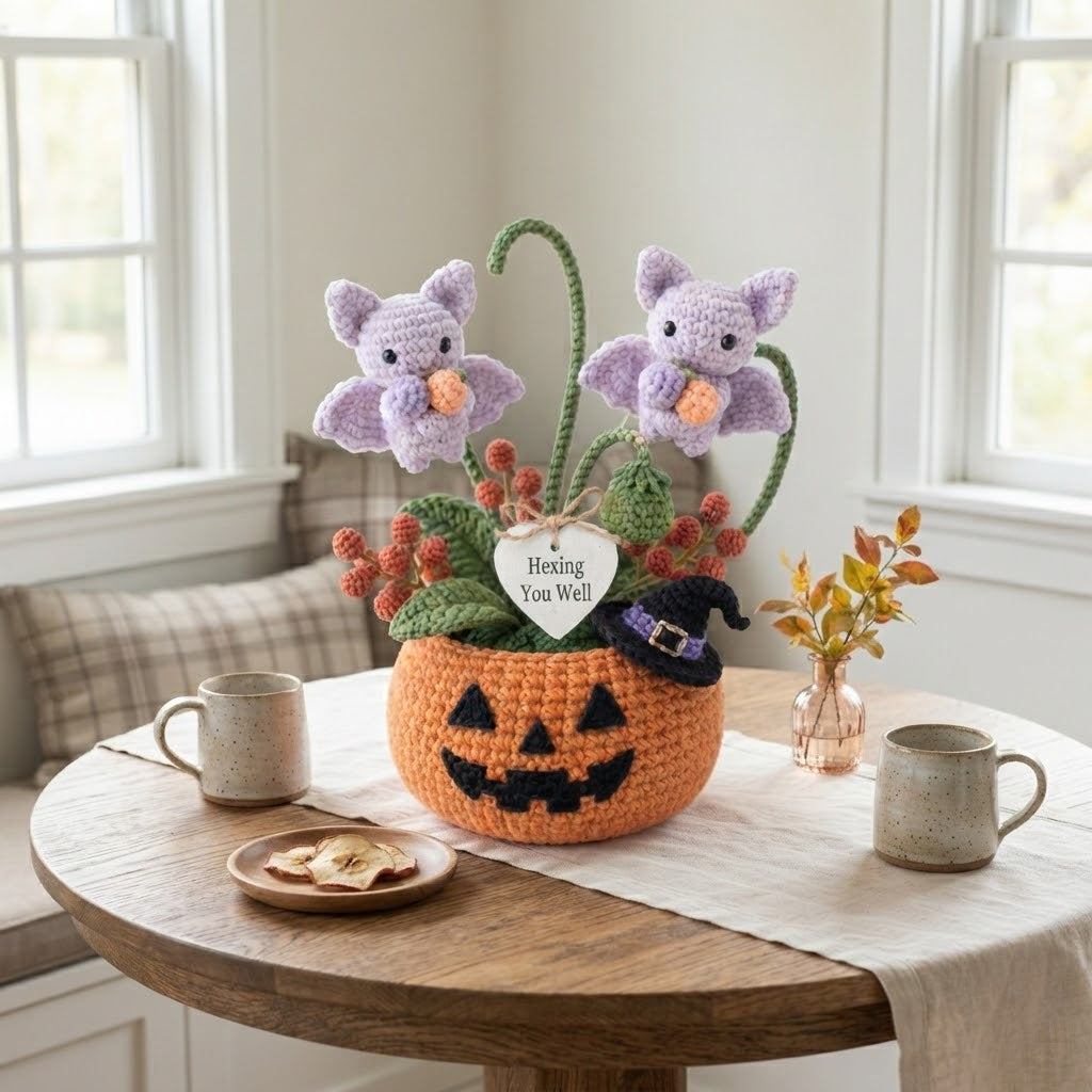 Handmade Crochet Little Bats in Pumpkin Halloween Decor Pot