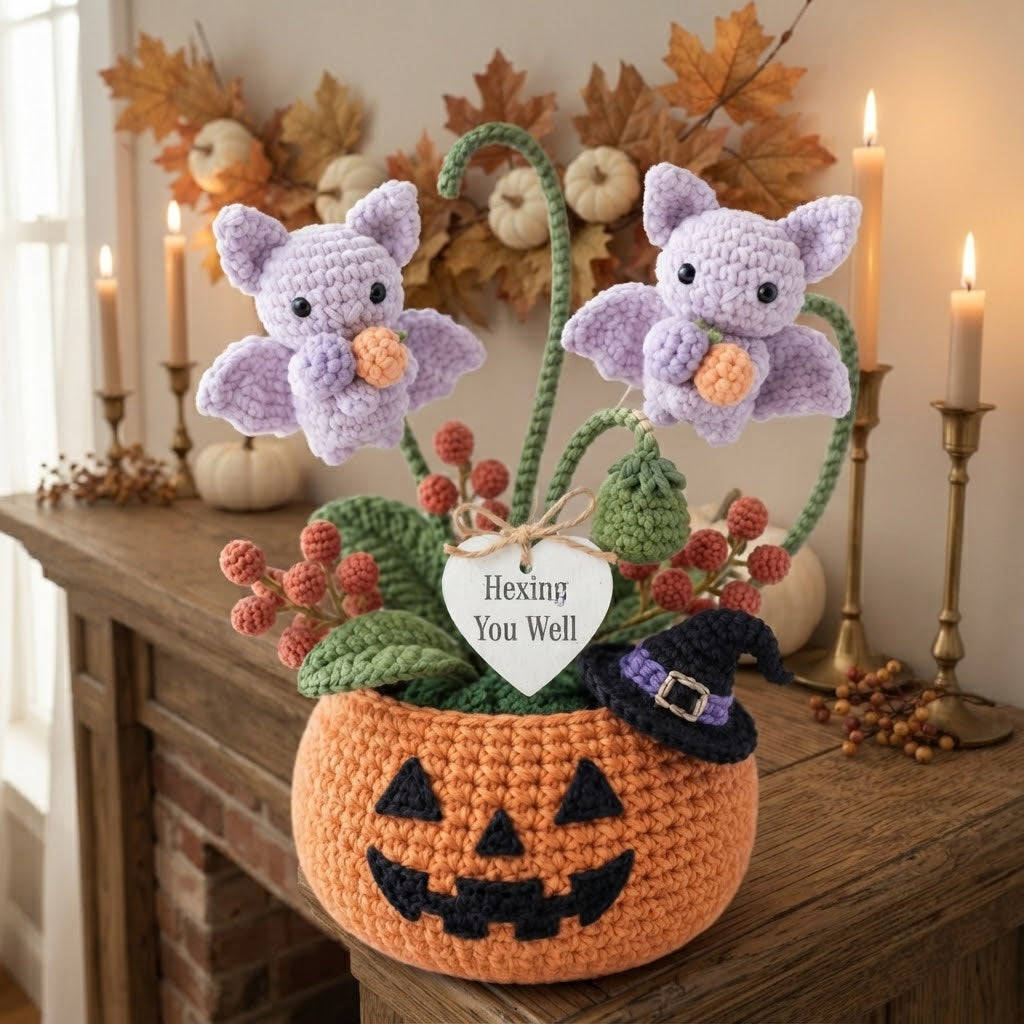 Handmade Crochet Little Bats in Pumpkin Halloween Decor Pot