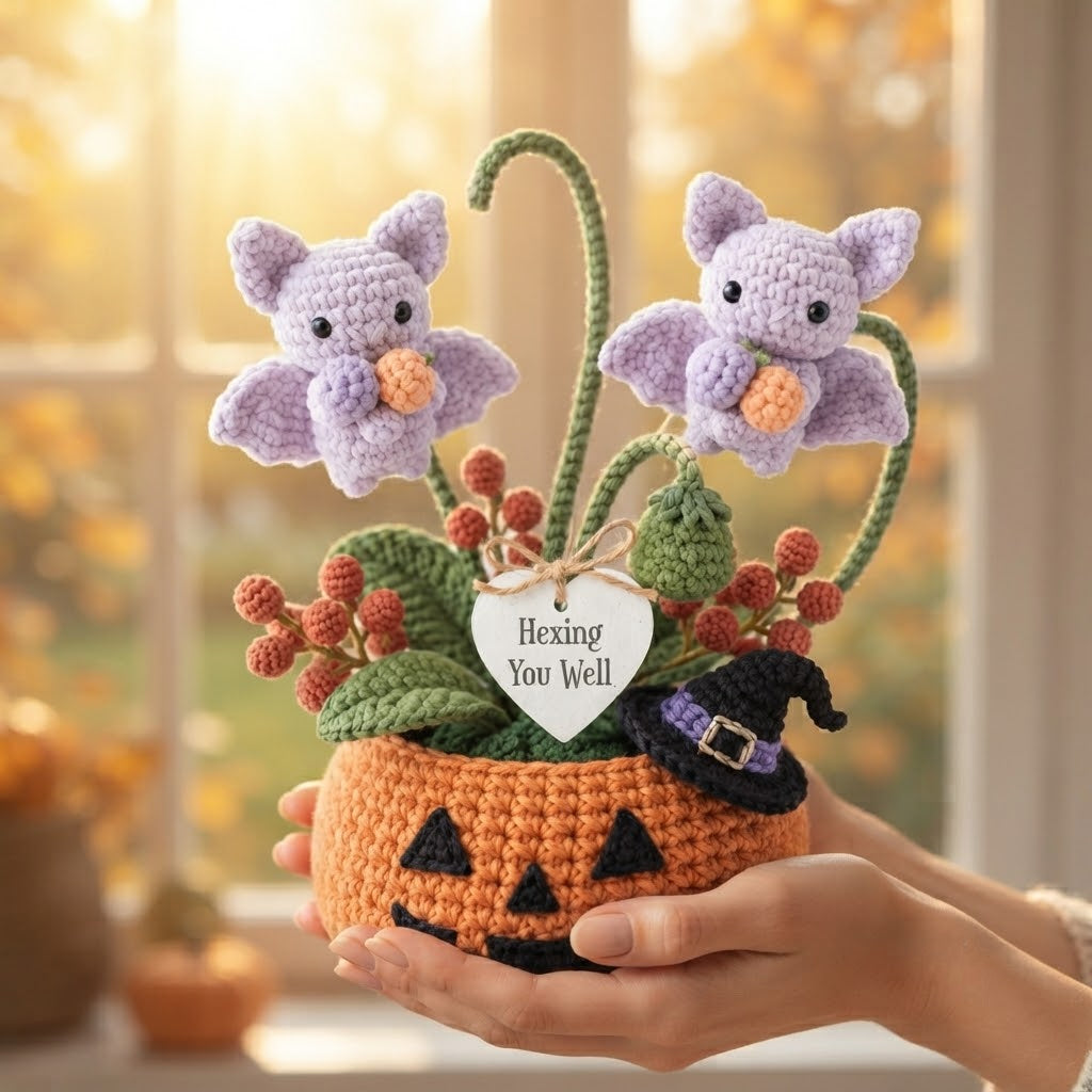 Handmade Crochet Little Bats in Pumpkin Halloween Decor Pot