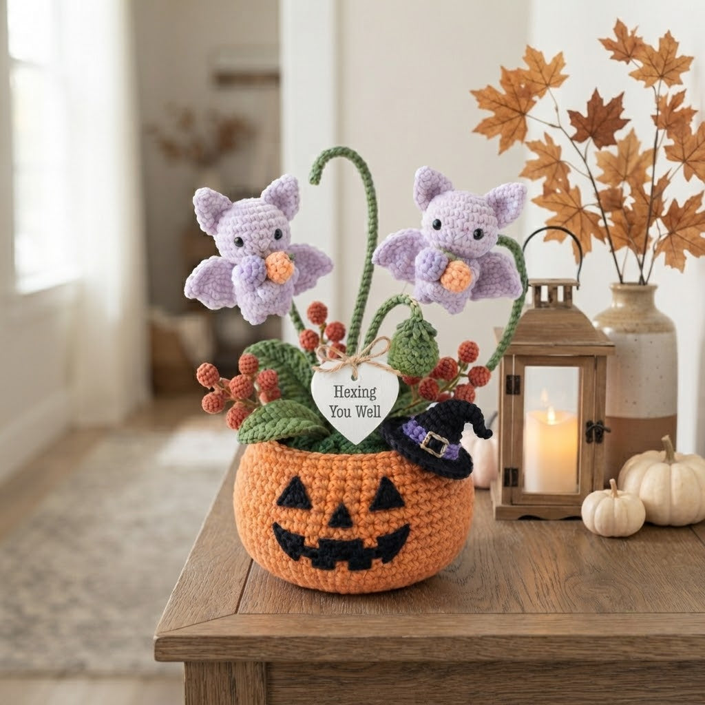 Handmade Crochet Little Bats in Pumpkin Halloween Decor Pot