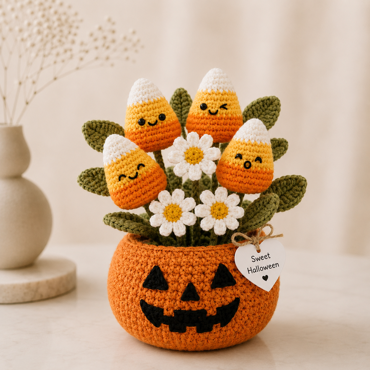 Handmade Crochet Candy Corn in Pumpkin Halloween Decor Pot