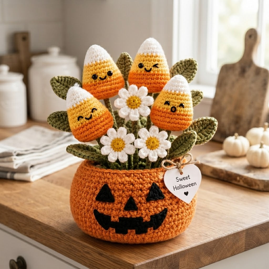 Handmade Crochet Candy Corn in Pumpkin Halloween Decor Pot