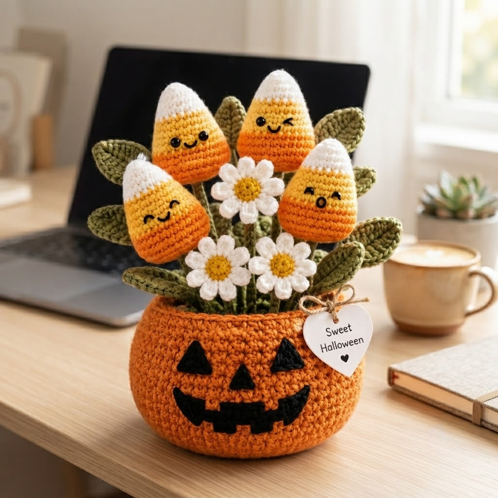 Handmade Crochet Candy Corn in Pumpkin Halloween Decor Pot