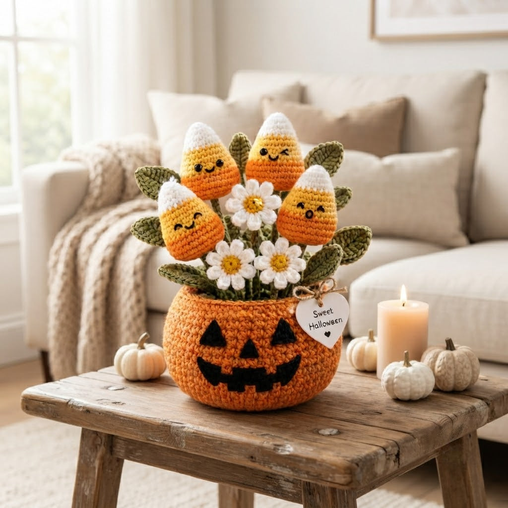 Handmade Crochet Candy Corn in Pumpkin Halloween Decor Pot