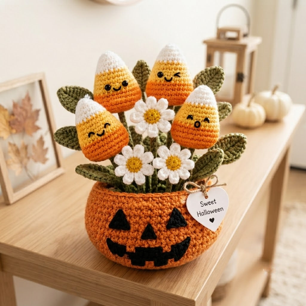 Handmade Crochet Candy Corn in Pumpkin Halloween Decor Pot