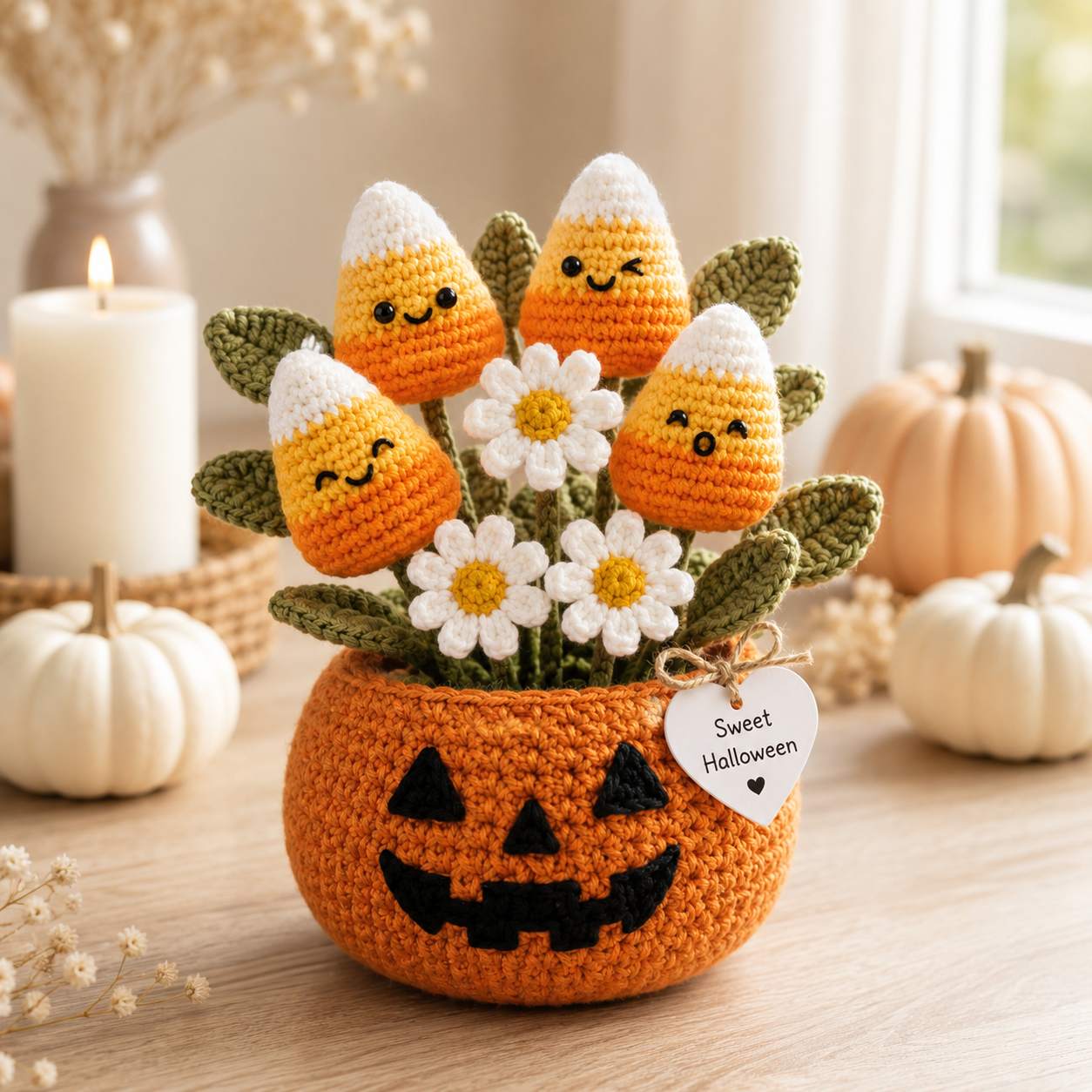 Handmade Crochet Candy Corn in Pumpkin Halloween Decor Pot